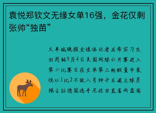 袁悦郑钦文无缘女单16强，金花仅剩张帅“独苗”